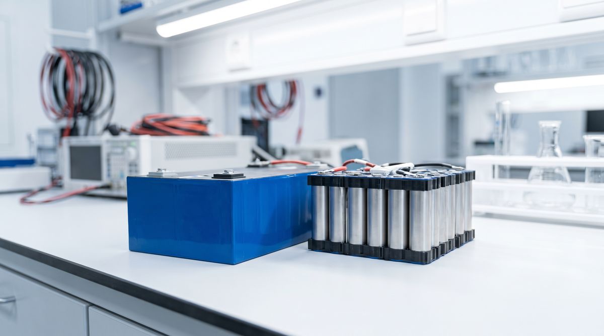 Dva tipa baterijskih modulov na laboratorijski mizi, LFP prismatični in NMC cilindrični