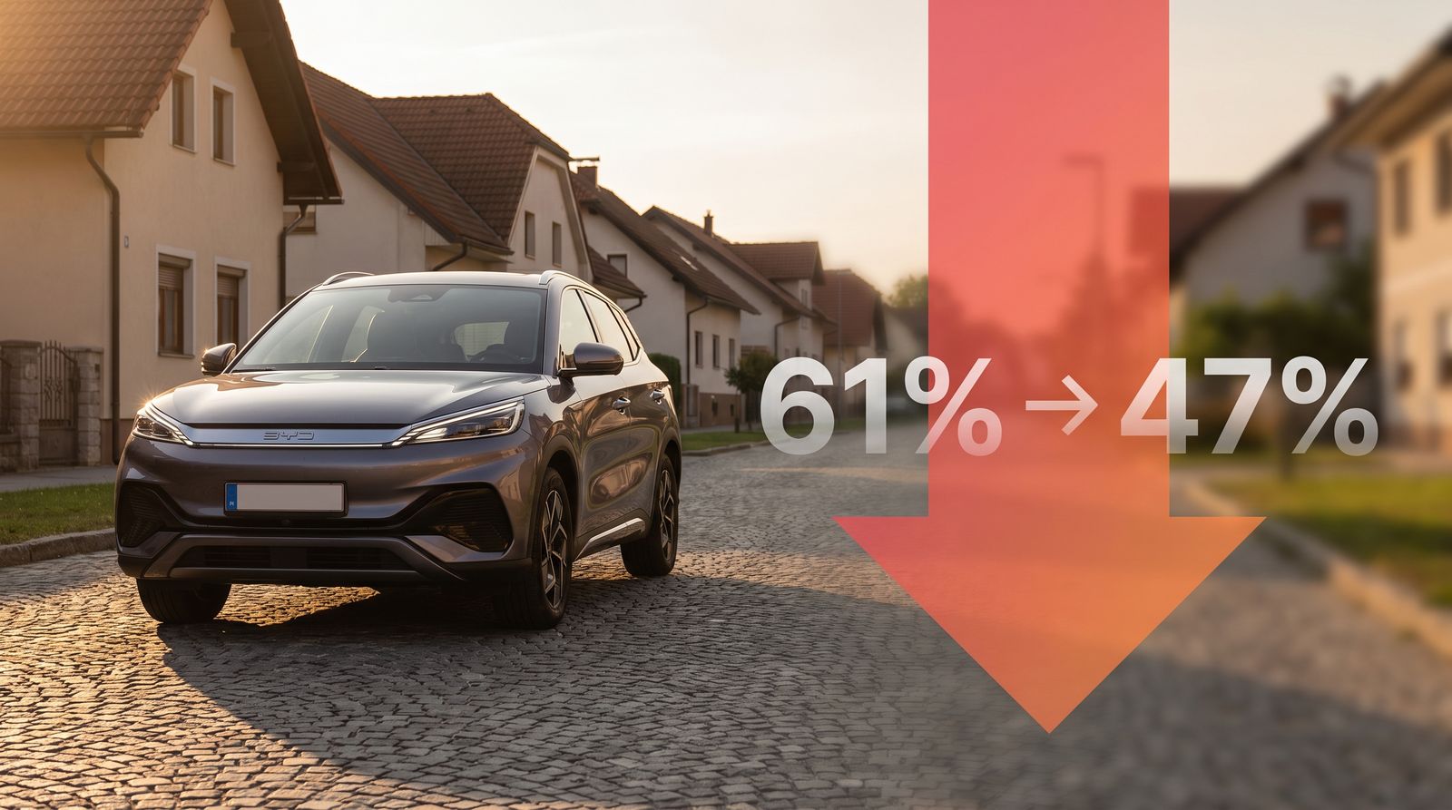 Kitajski električni avtomobil na mirni cesti ob sončnem zahodu, ilustracija padca preostale vrednosti