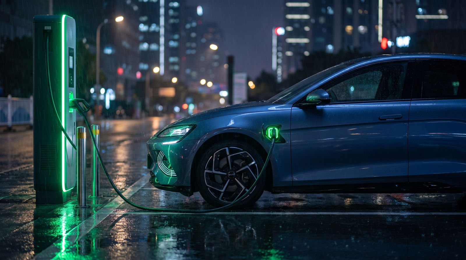 Kitajski električni avtomobil na polnilni postaji ponoči, utelešenje 22,4-odstotnega deleža kitajskih znamk v BEV segmentu