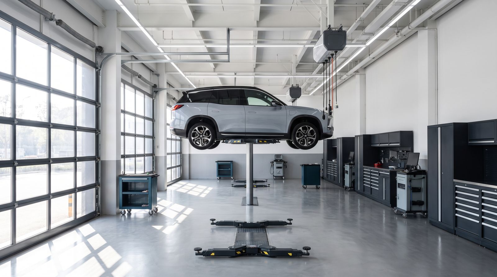 Sodobna servisna delavnica s kitajskim električnim SUV-om na dvigalu, ilustracija servisne mreže